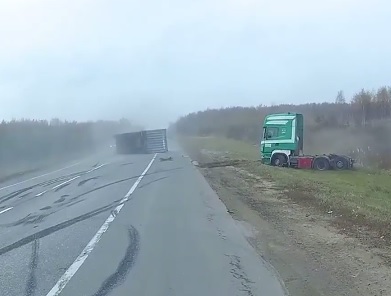Semi Truck Spins Out On Highway